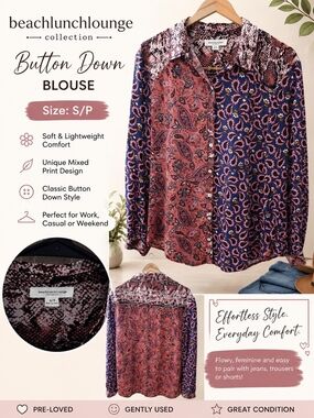 beachlunchlounge Mixed Print Button-Down Blouse in Rust & Navy